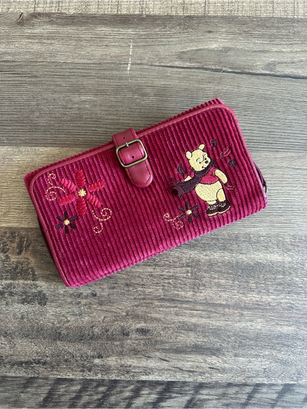 Vintage Disney Store Winnie the Pooh Corduroy Wallet Maroon Y2K Embroidered